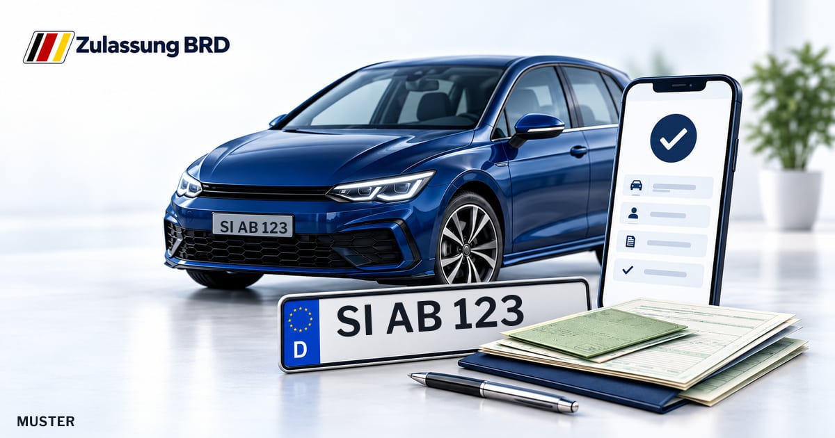 Online Fahrzeugzulassung in Bad Laasphe: Musterkennzeichen SI AB 123, Auto und Fahrzeugpapiere und Smartphone. Illustration mit Logo von Zulassung BRD.